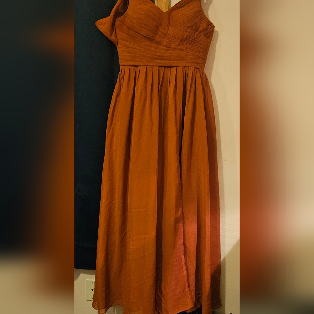 Burnt Orange Off The Shoulder Corset Back Bridesmaid Dress